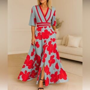 Kali Floral Red and Blue Maxi Dress - size XS